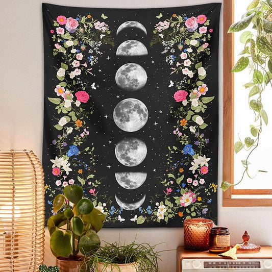 Botanical moon phase Flower Tapestry Moon phase Wall Hanging-MoonChildWorld