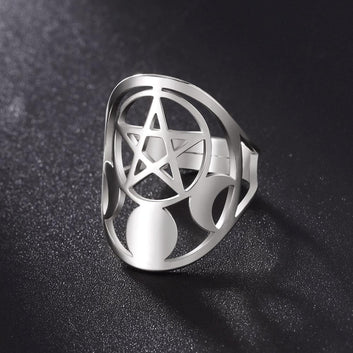 Pentagram Moon Ring Wicca Pagan Jewelry-MoonChildWorld