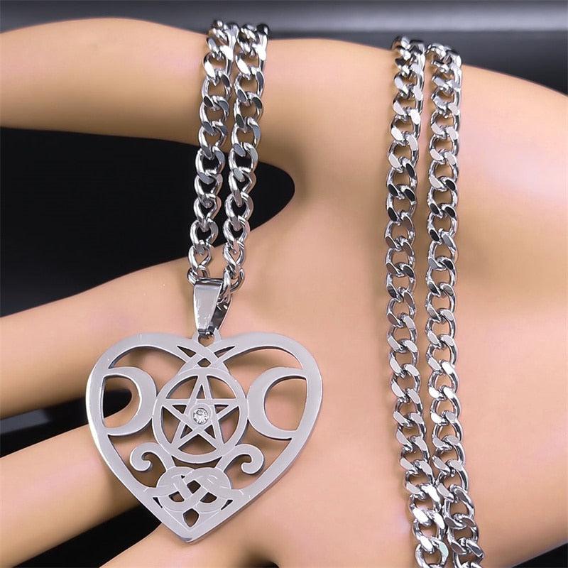 Wicca Heart Triple Moon Pentagram Necklace-MoonChildWorld