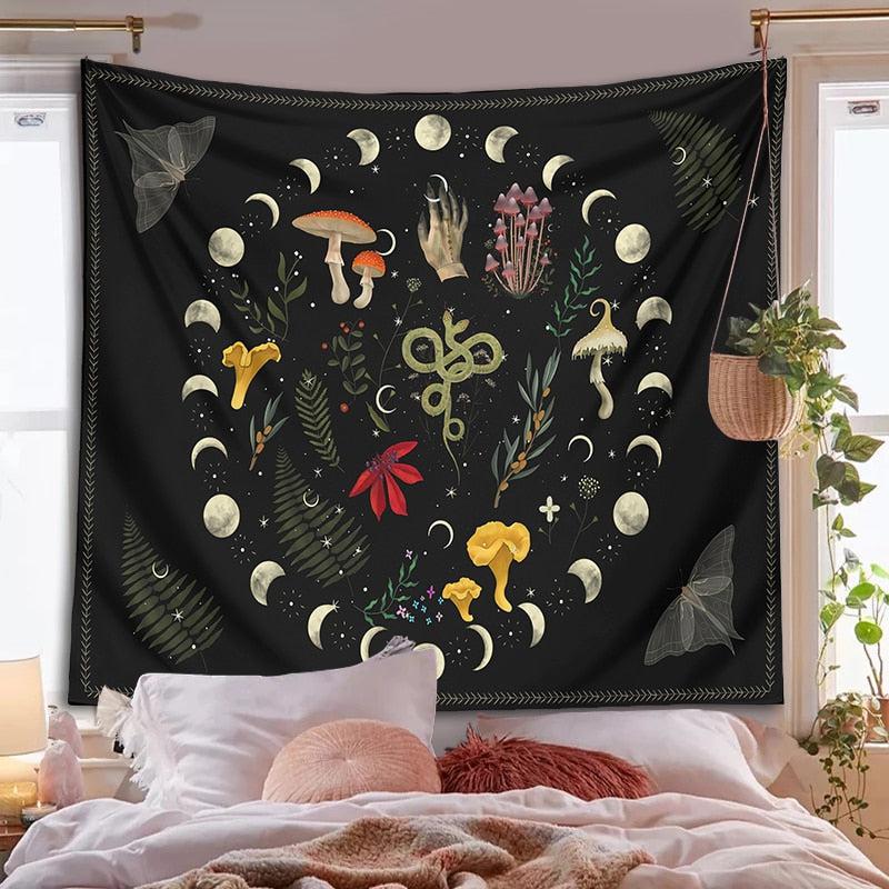 Moon phase Tapestry Wall Hanging Moth Botanical Witchy Decor Aesthetic Tapestry-MoonChildWorld