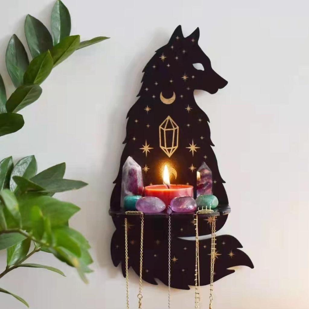 Sun Moon Luna Wolf Cat Witch Crystal Shelves Wooden Witch Wall Shelf-MoonChildWorld