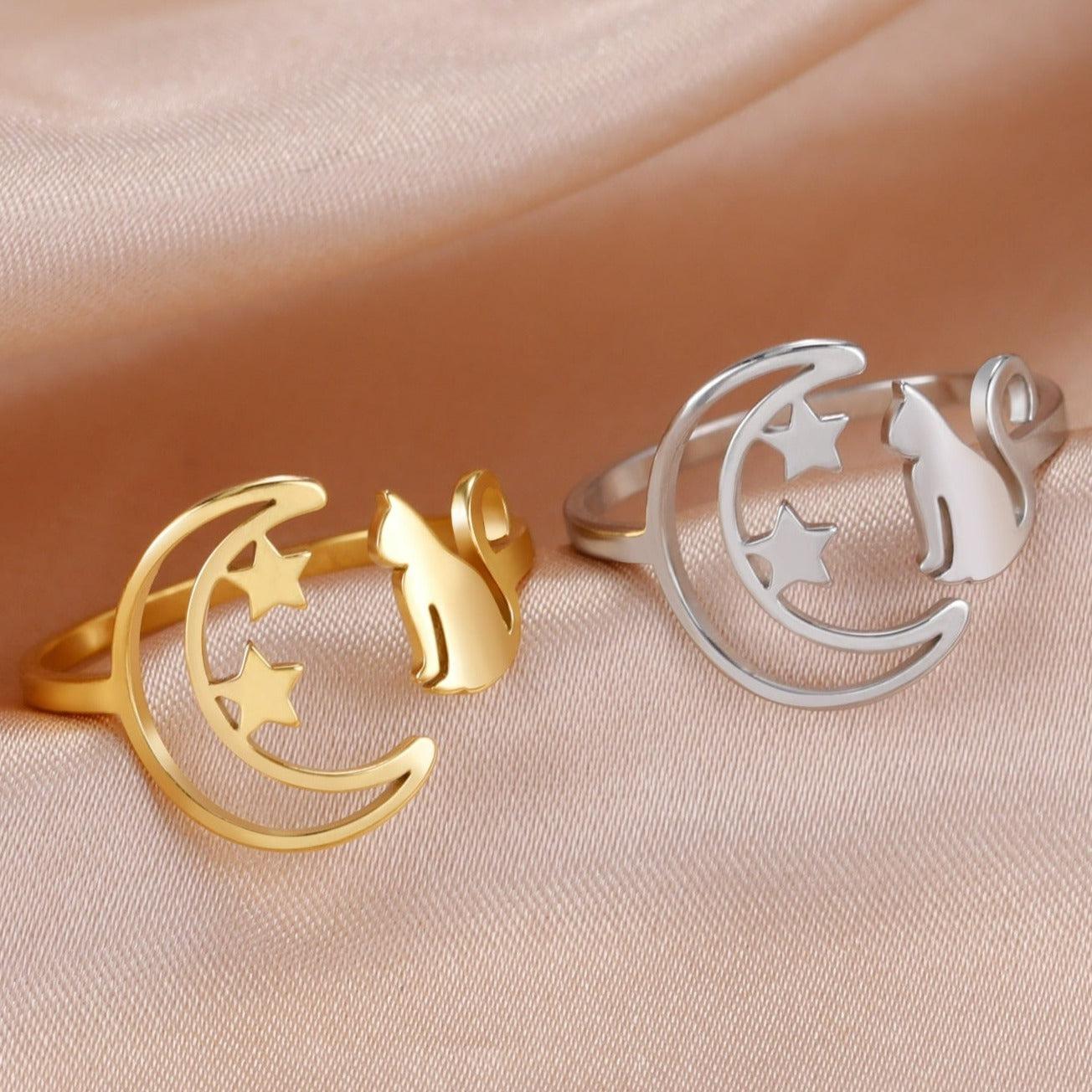 Crescent Moon Cat Witchy Ring-MoonChildWorld