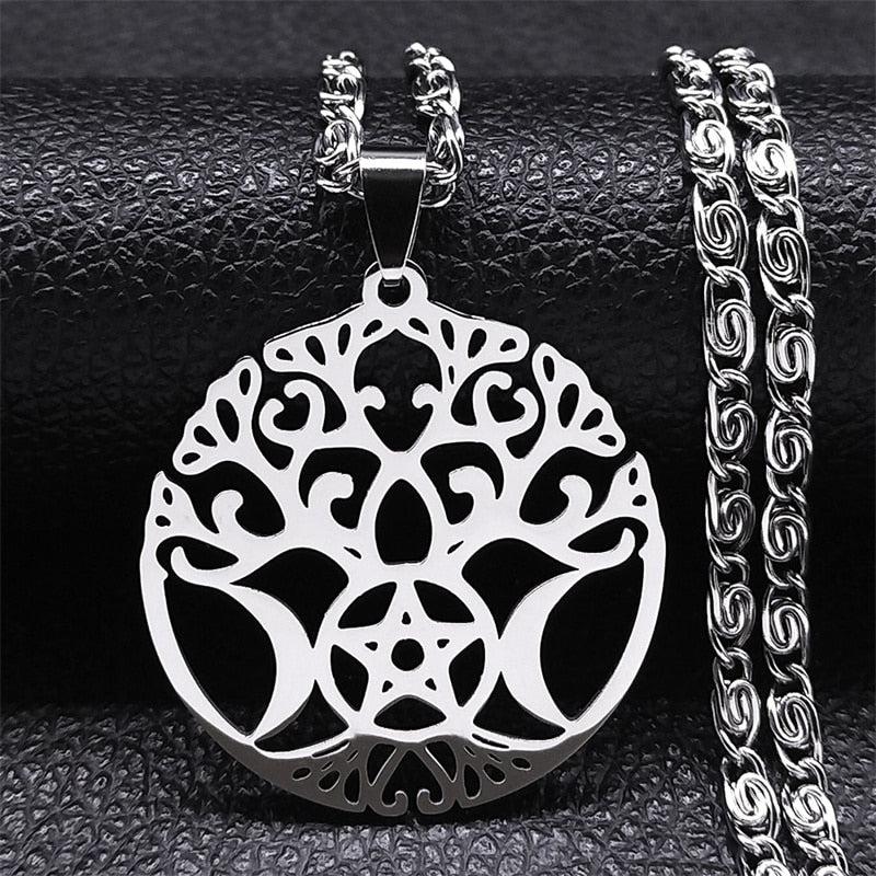 Wiccan Tree of Life Triple Moon Pentagram Necklace-MoonChildWorld