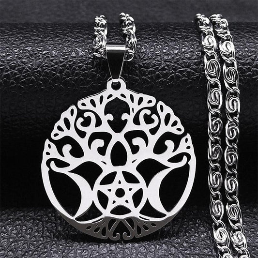 Wiccan Tree of Life Triple Moon Pentagram Necklace