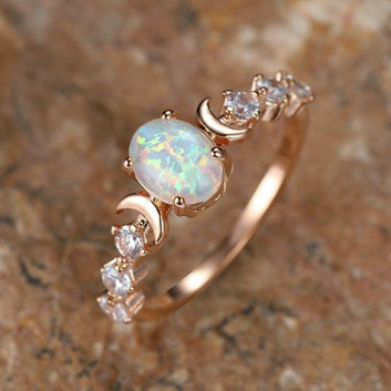Rainbow White Fire Opal Ring Triple Moon Wiccan Ring