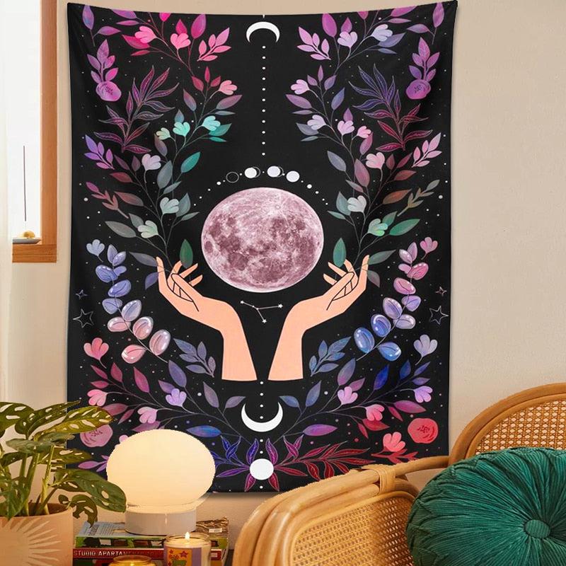 Botanical Moon Tapestry Magic Hand Psychedelic Flower Witchy Tapestry-MoonChildWorld