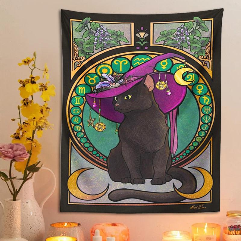 Magic Black Cat Tapestry Witch Wall Hanging-MoonChildWorld
