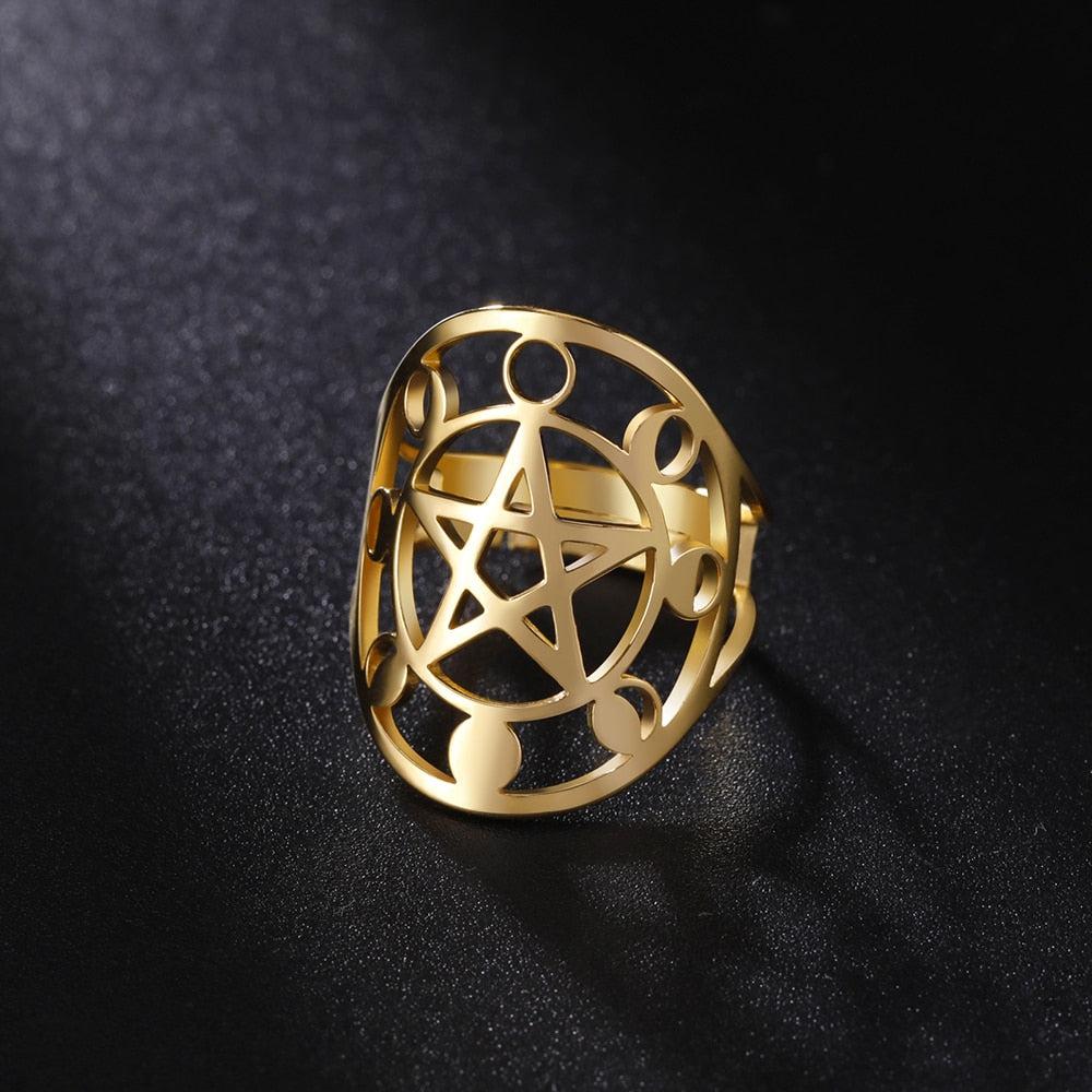 Pentagram Moon Phase Ring Wicca Pagan Jewelry-MoonChildWorld