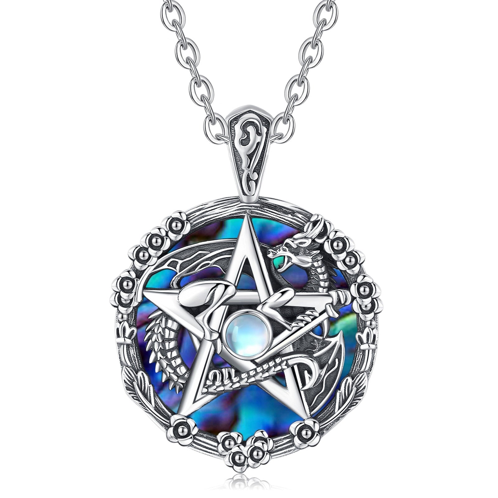 Moonstone Abalone Shell Dragon Pentagram Necklace-MoonChildWorld