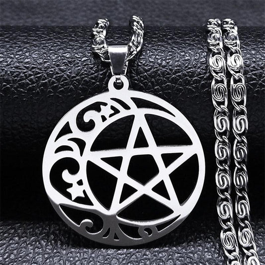 Pentagram Moon Necklace Wiccan Jewelry