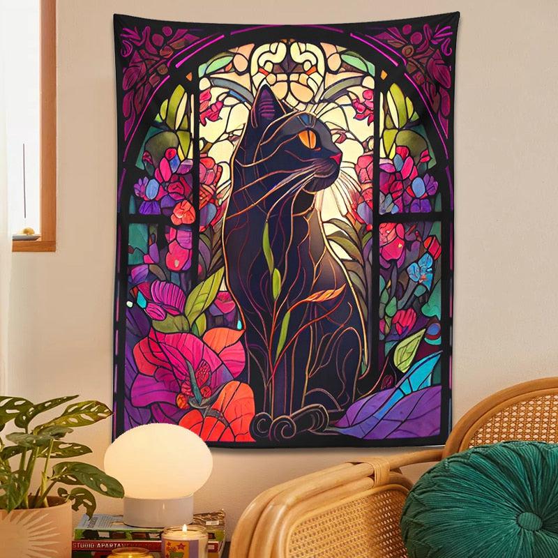 Stained Glass Mystery Cat Tapestry Witchy Wall Hanging-MoonChildWorld