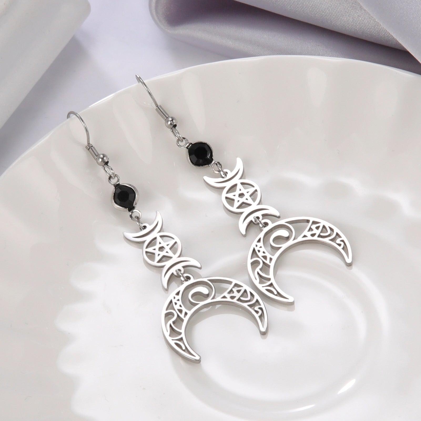 Pentagram Triple Moon Wiccan Earrings-MoonChildWorld