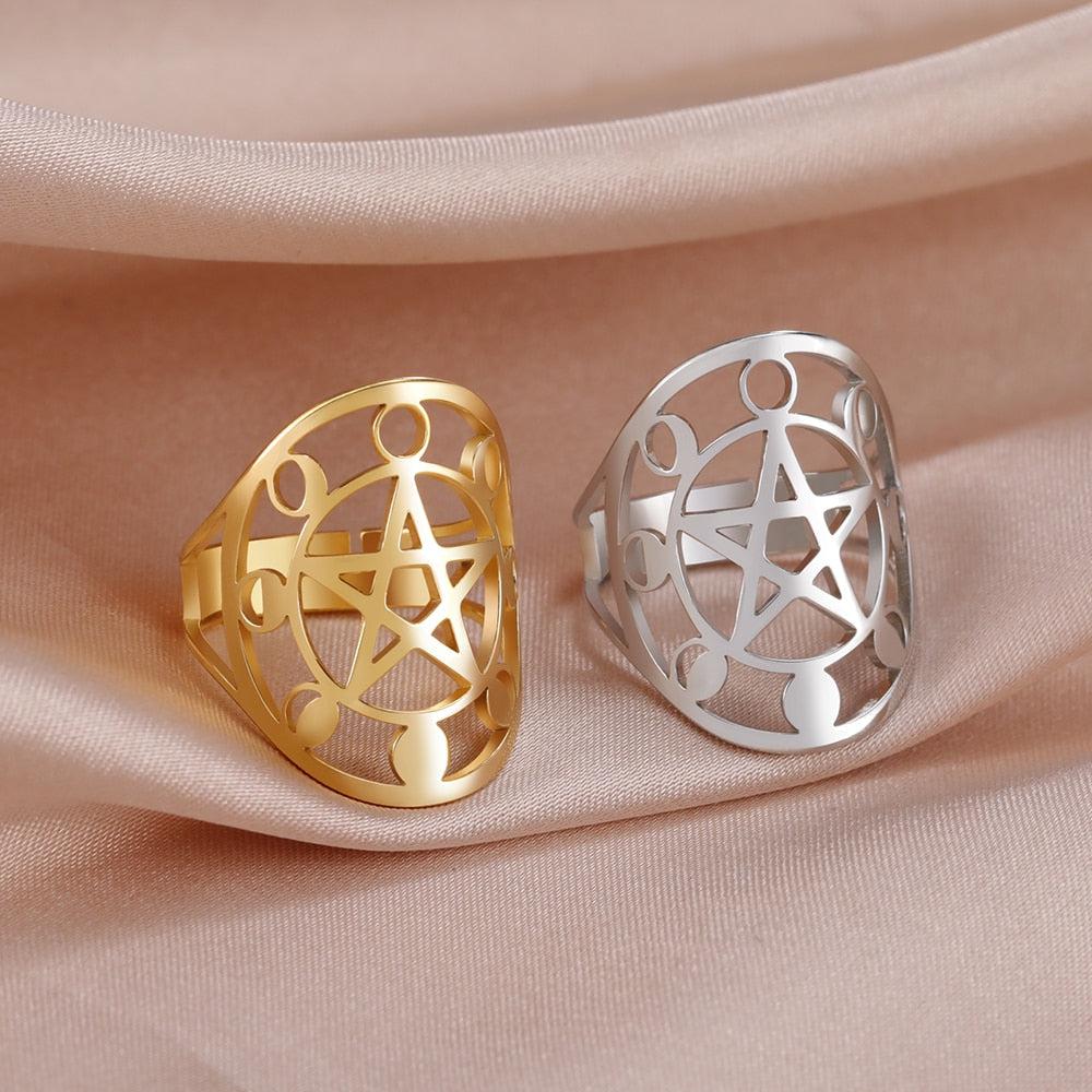 Pentagram Moon Phase Ring Wicca Pagan Jewelry-MoonChildWorld