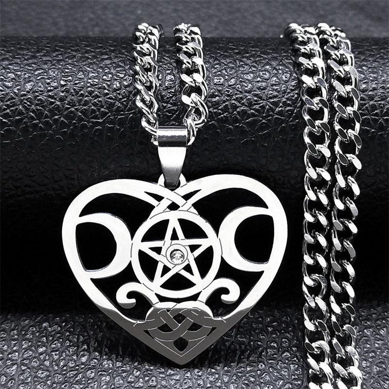 Wicca Heart Triple Moon Pentacle Necklace-MoonChildWorld