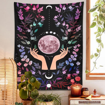 Botanical Moon Tapestry Magic Hand Psychedelic Flower Witchy Tapestry