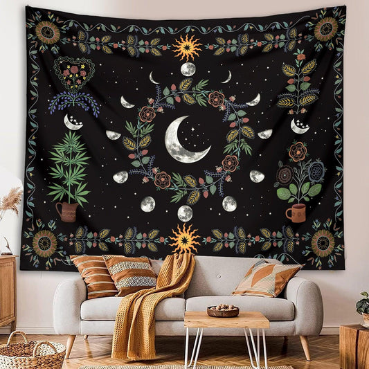Celestial Floral Aesthetic Tapestry Moon Phase Hippie Tapestry