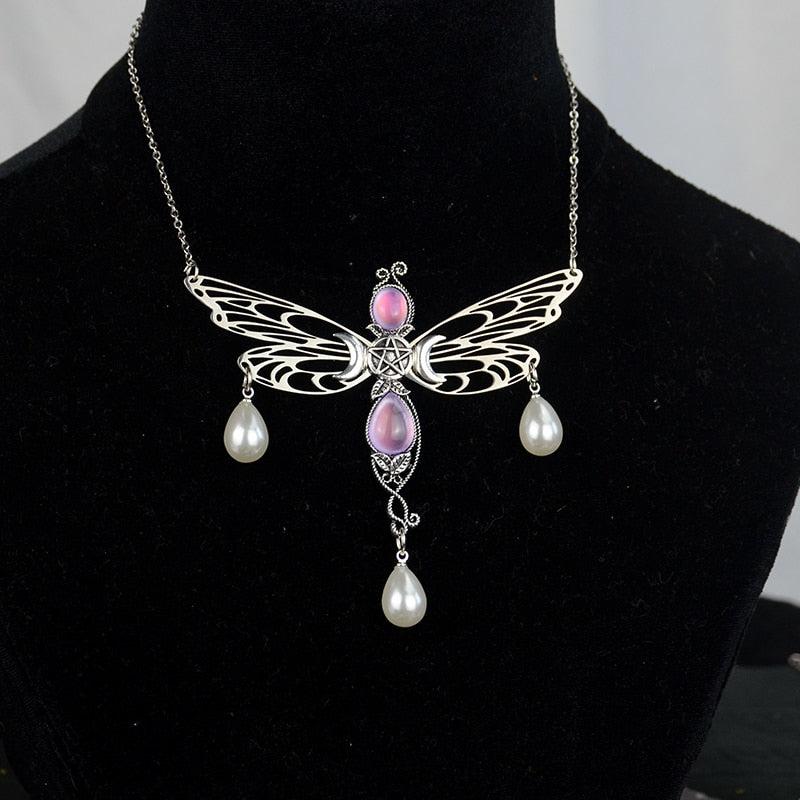 Pagan Crystal Triple Moon Butterfly Wicca Necklace-MoonChildWorld