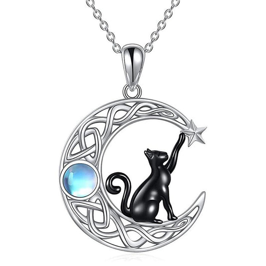 Celtic knot Black Cat Moon Necklace-MoonChildWorld