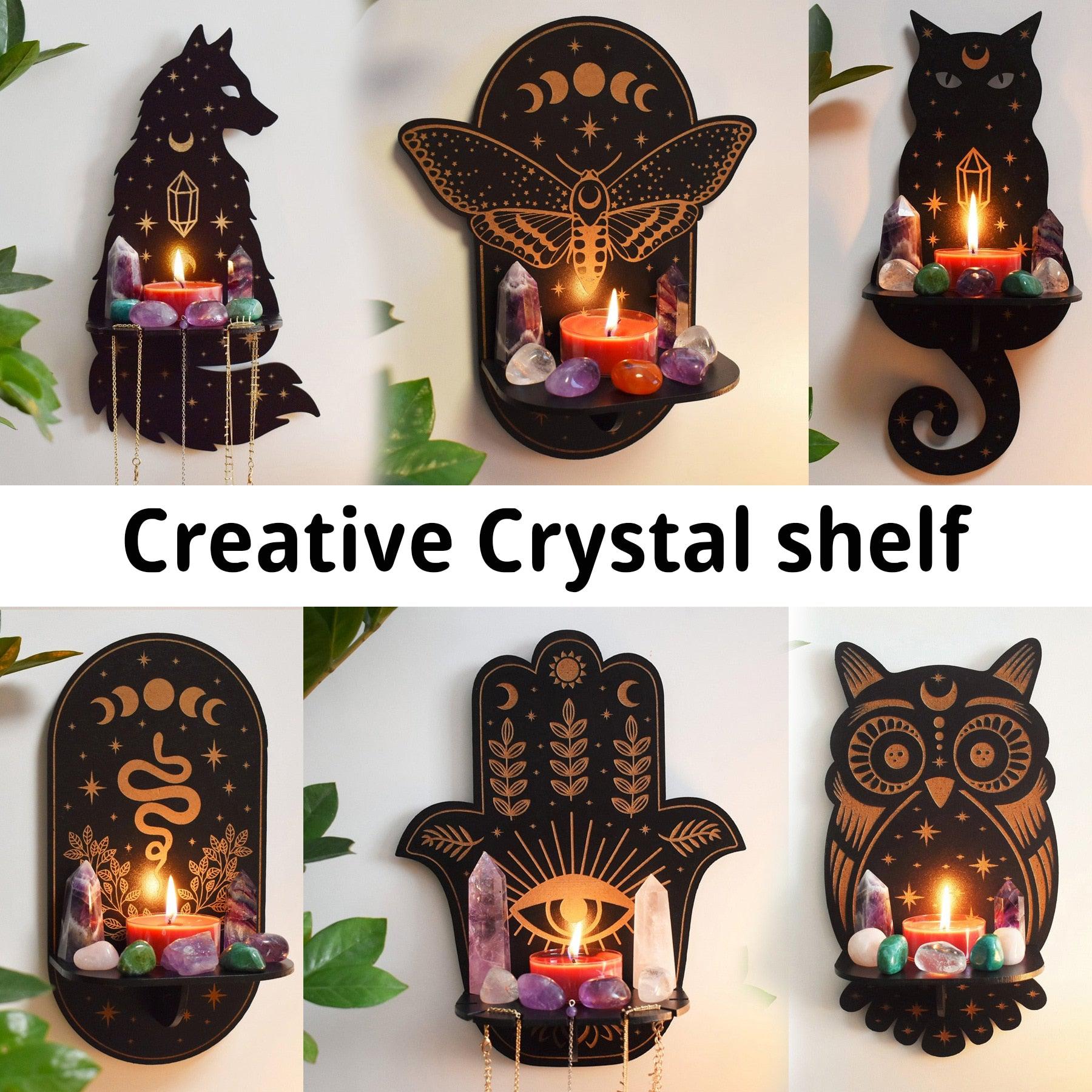 Sun Moon Luna Wolf Cat Witch Crystal Shelves Wooden Witch Wall Shelf-MoonChildWorld