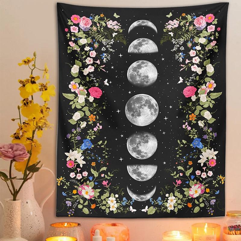 Botanical moon phase Flower Tapestry Moon phase Wall Hanging-MoonChildWorld