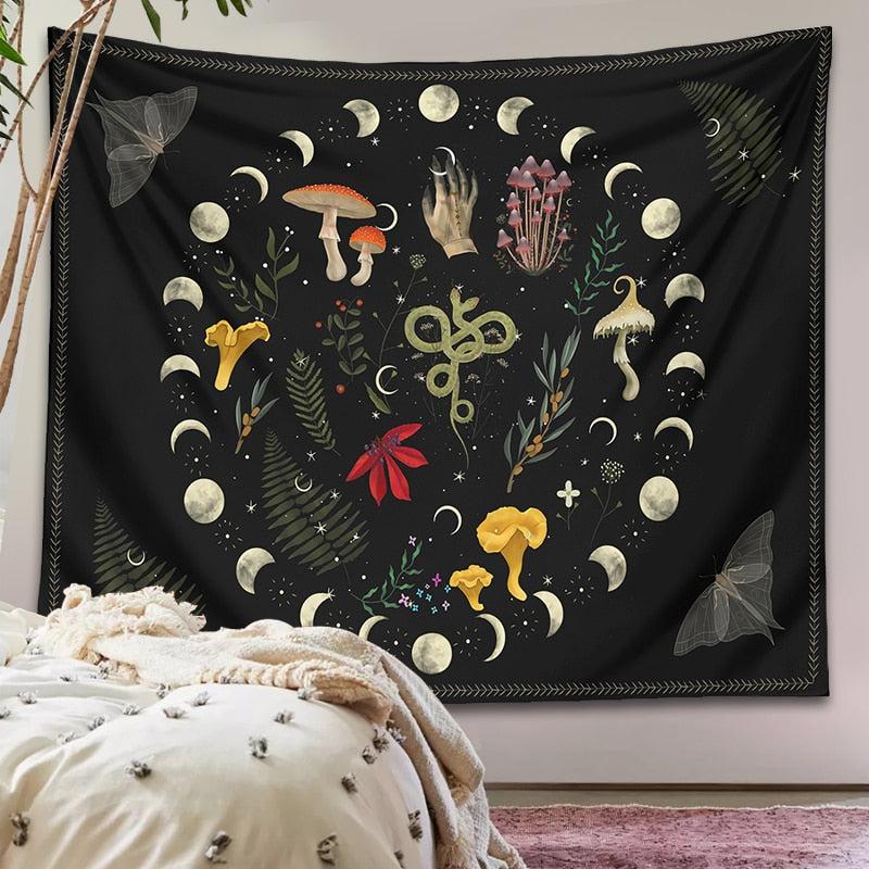 Moon phase Tapestry Wall Hanging Moth Botanical Witchy Decor Aesthetic Tapestry-MoonChildWorld