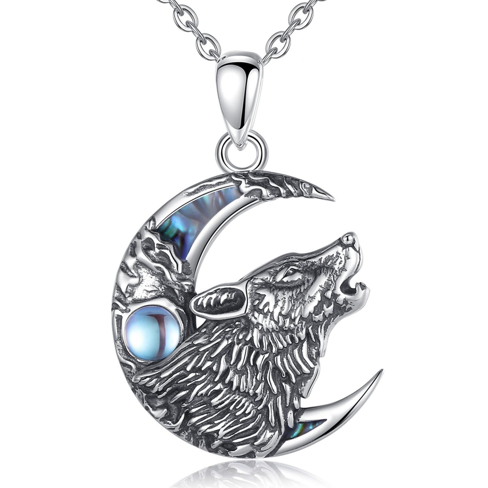 Sterling Silver Moonstone Wolf on the Moon Necklace-MoonChildWorld