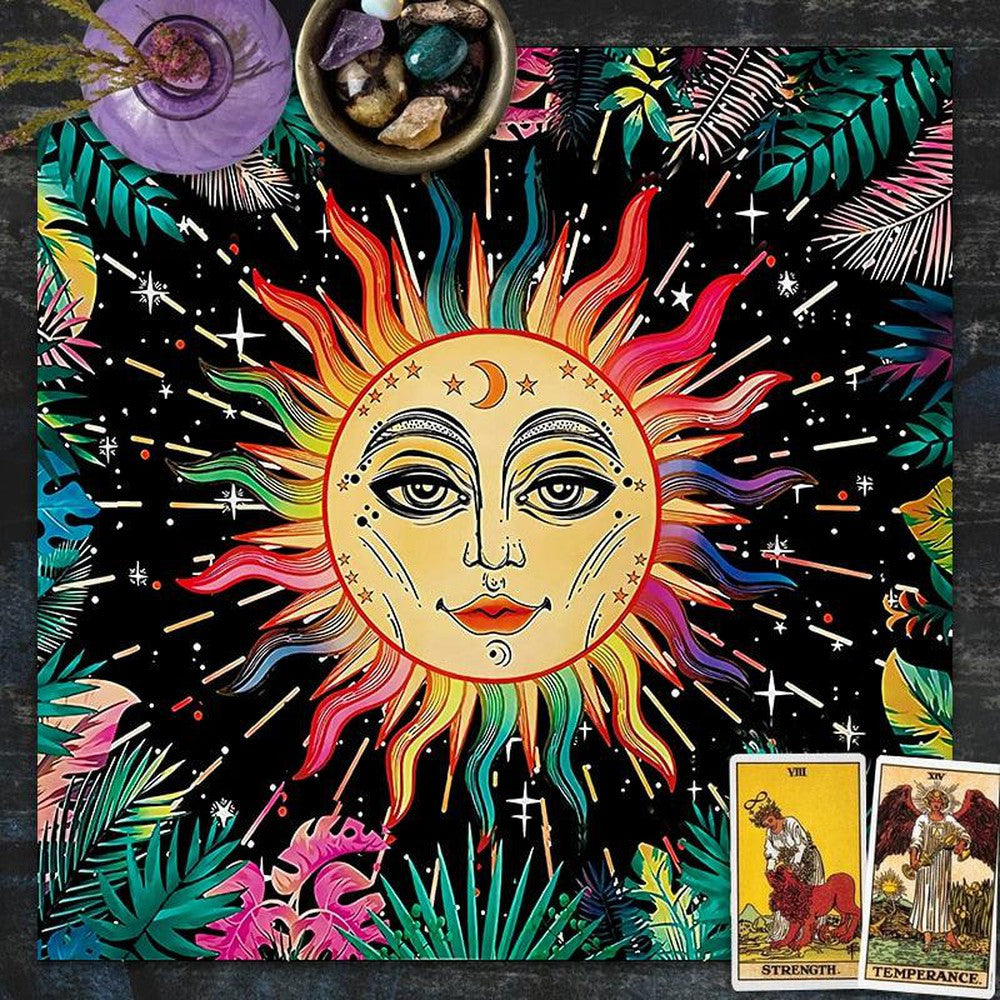 Burning sun Tarots Tablecloth Botanical leaf sun moon Pagan Altar Cloth-MoonChildWorld