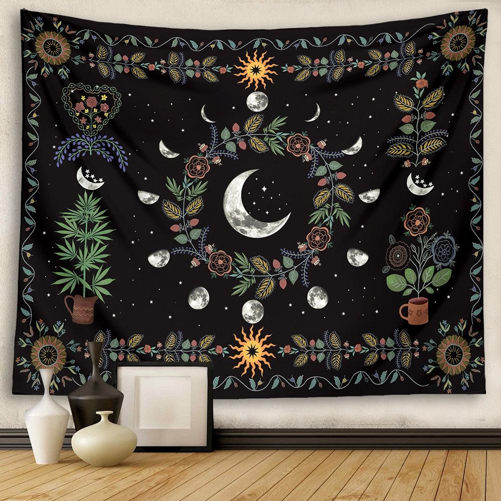 Celestial Floral Aesthetic Tapestry Moon Phase Hippie Tapestry-MoonChildWorld