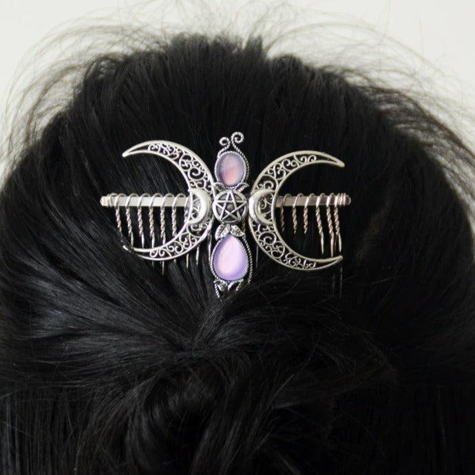 Witch Crystal Triple Moon Hair Comb-MoonChildWorld