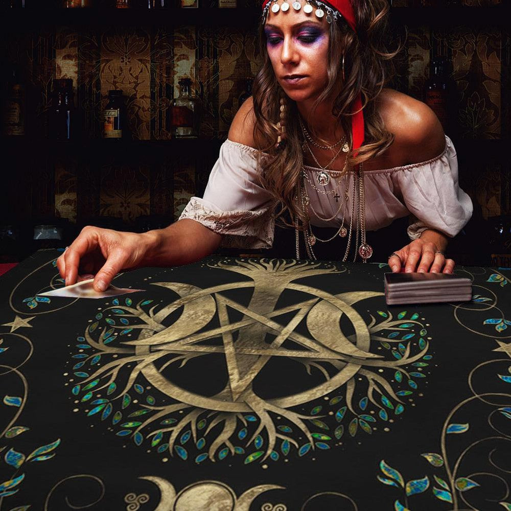 Tree Of Life Pentagram Tarot Tablecloth Triple Moon Altar Cloth-MoonChildWorld