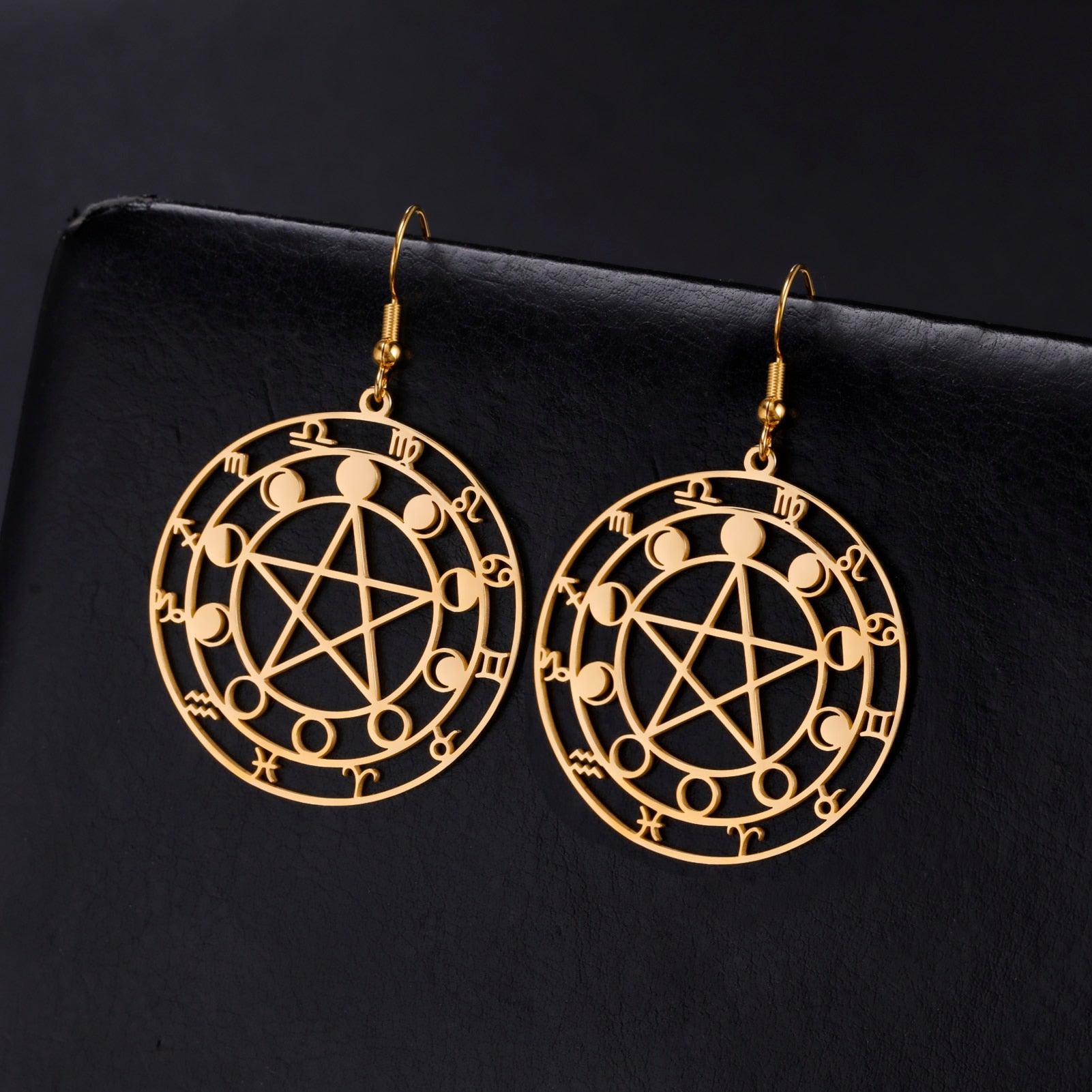 Moon Phase Pentagram Earrings Wiccan Pagan Jewelry-MoonChildWorld