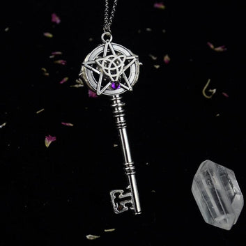 Crystal Witch Triple Moon Pentgram Key Necklace-MoonChildWorld