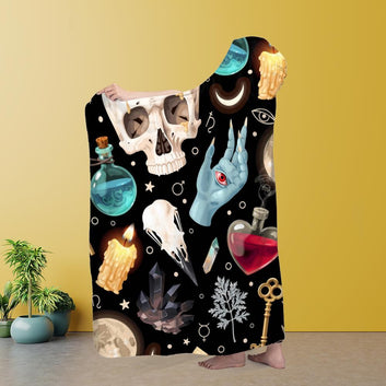 Skull Raven Witchcraft Hooded Blanket Gothic Witch Hooded Blanket