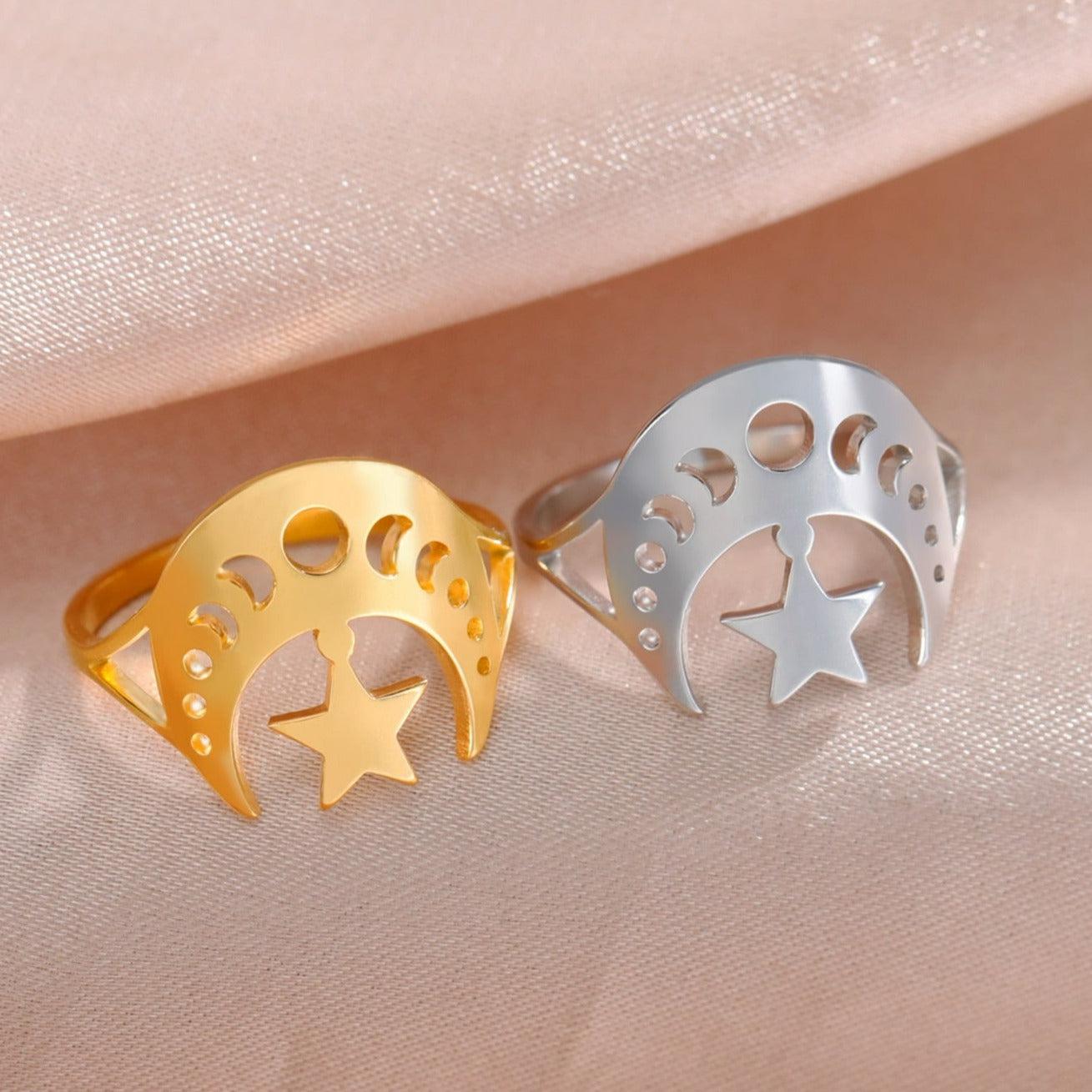Star Crescent Moon Phase Ring Wiccan Jewelry-MoonChildWorld