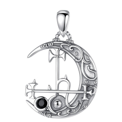 Sterling silver Lilith Moon necklace, 30x20mm pendant with intricate sigil, crescent moon, and black gemstone.