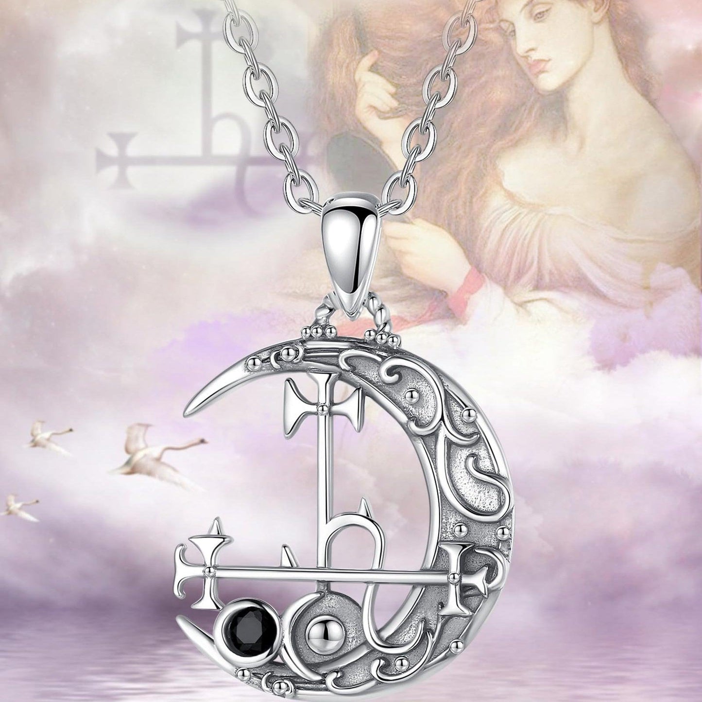 Sterling silver Lilith Moon necklace, 30x20mm, featuring an ornate crescent moon and Lilith sigil.