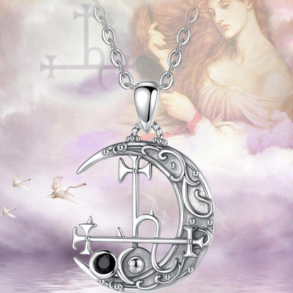 Sterling silver Lilith Moon necklace, 30x20mm, featuring an ornate crescent moon and Lilith sigil.