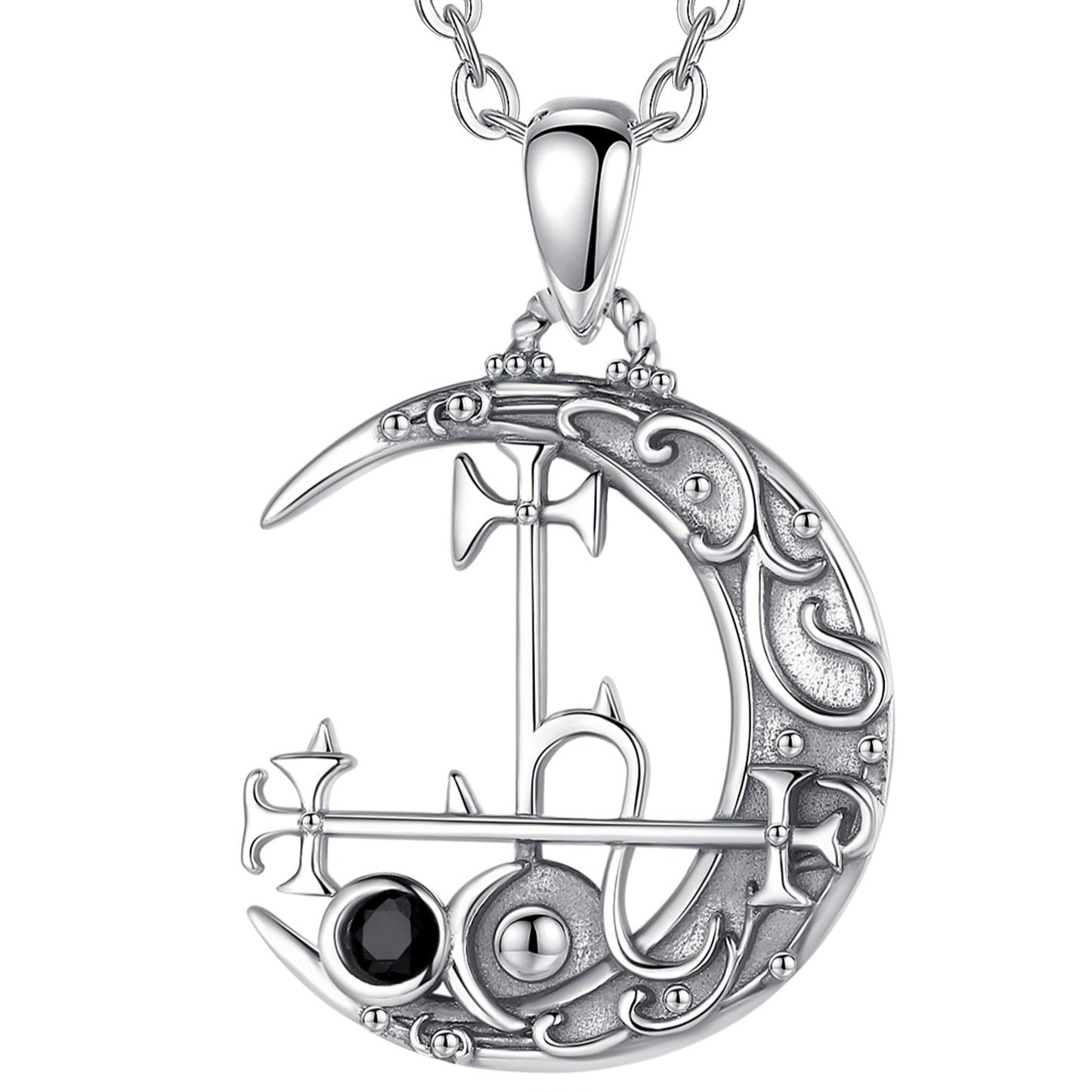 Sterling silver Lilith Moon necklace, 30x20mm, with intricate sigil, witchy design, and black gemstone.
