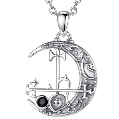 Sterling silver Lilith Moon necklace, 30x20mm, with intricate sigil, witchy design, and black gemstone.