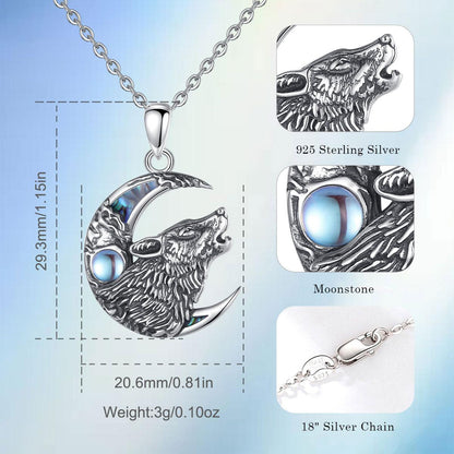Sterling Silver Moonstone Wolf on the Moon Necklace-MoonChildWorld