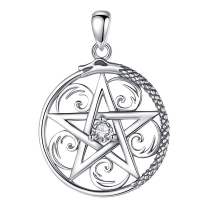 Sterling silver pentacle necklace with ornate swirls, a sparkling CZ center, and an Ouroboros snake design.