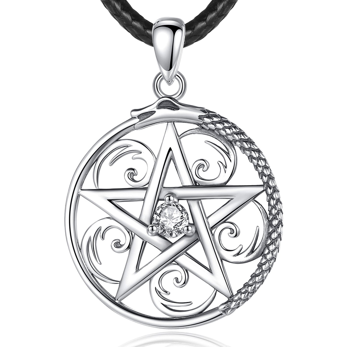 Sterling silver pentacle necklace with a sparkling cubic zirconia, encircled by an ouroboros dragon on a black cord.