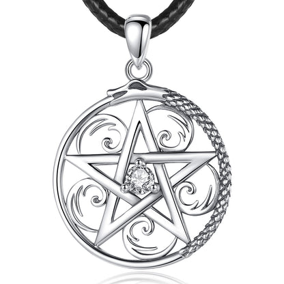 Sterling silver pentacle necklace with a sparkling cubic zirconia, encircled by an ouroboros dragon on a black cord.