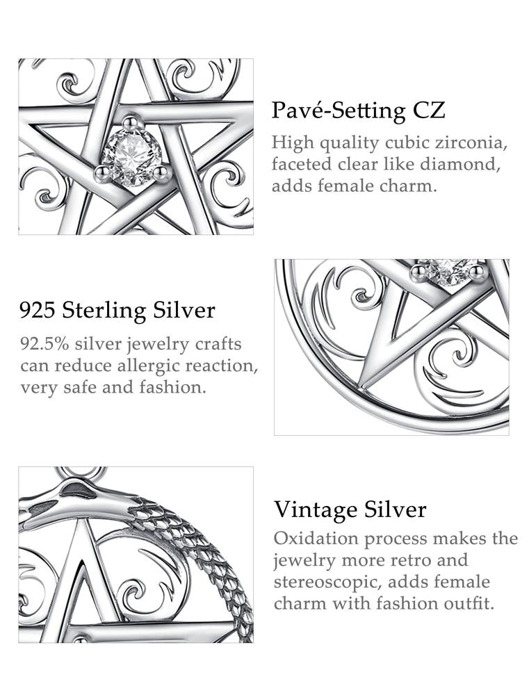 Sterling silver pentacle necklace with sparkling cubic zirconia, vintage finish, and intricate design.