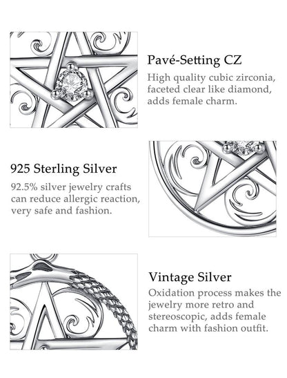 Sterling silver pentacle necklace with sparkling cubic zirconia, vintage finish, and intricate design.