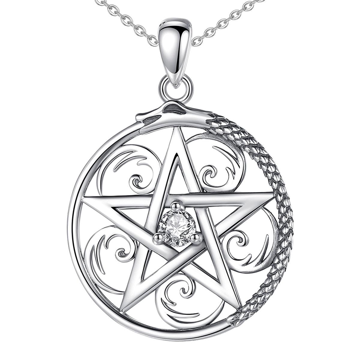 Sterling silver Pentacle necklace with a sparkling cubic zirconia center and an Ouroboros snake design.