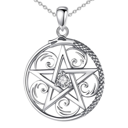 Sterling silver Pentacle necklace with a sparkling cubic zirconia center and an Ouroboros snake design.