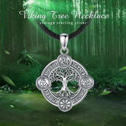 Vintage sterling silver Viking Tree of Life necklace with Norse runes on a black braided chain.