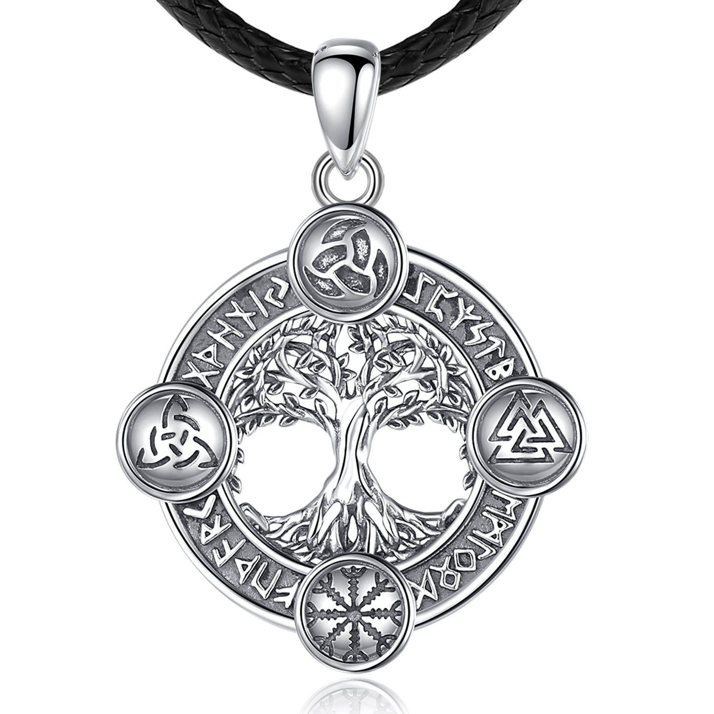 925 sterling silver Tree of Life necklace with Norse runes, amulet pagan jewelry on a black leather cord.
