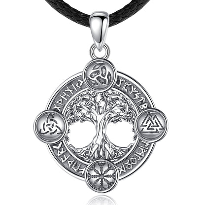 925 sterling silver Tree of Life necklace with Norse runes, amulet pagan jewelry on a black leather cord.